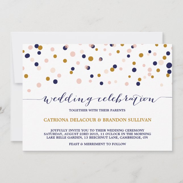 Confetti Pontos Rosa e Dourada Convite II de Casam (Frente)