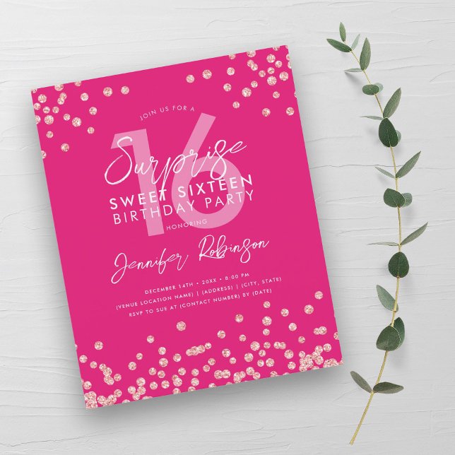 Confetti Sweet 16 Confetti, cor-de-rosa a quente,  (Budget Rose Gold Hot Pink Confetti Sweet 16 Invite)