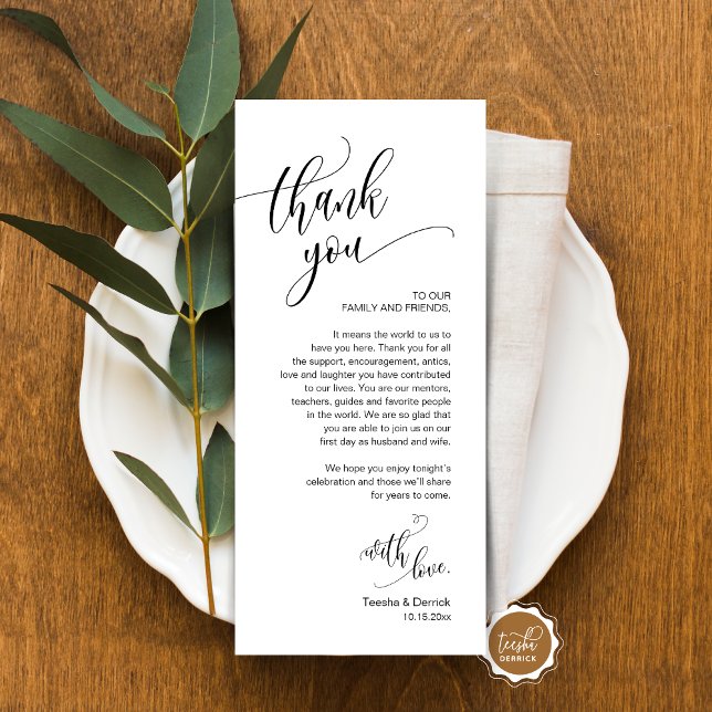 Configuração de Local jantado Obrigado, Cartão de  (Place Setting Thank You, Modern Script Card, Wedding Dinner, Brunch, Lunch Plate Decoration)