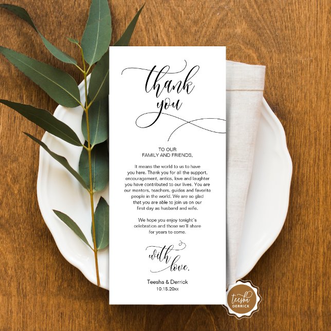 Configuração de Local jantado Obrigado, Cartão de  (Place Setting Thank You, Modern Script Card, Wedding Dinner, Brunch, Lunch Plate Decoration)