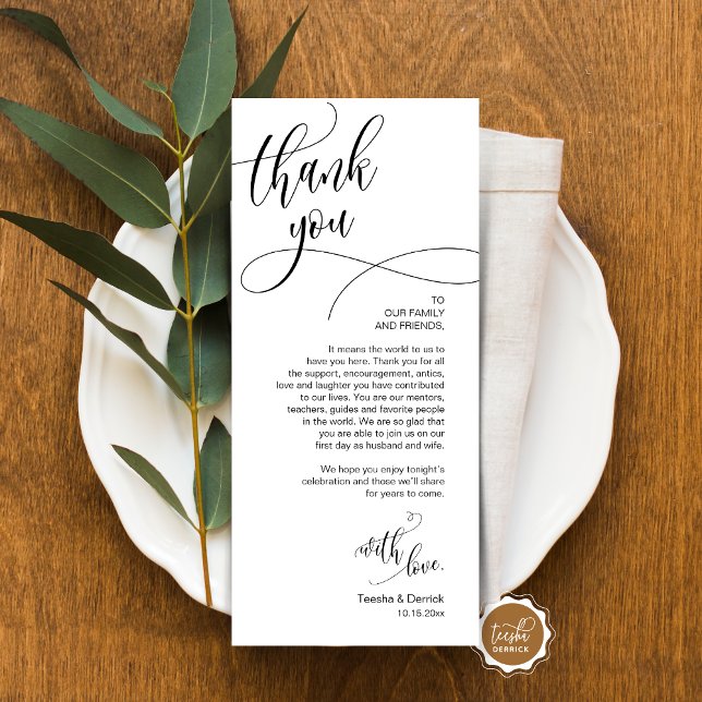 Configuração de Local jantado Obrigado, Cartão de  (Place Setting Thank You, Modern Script Card, Wedding Dinner, Brunch, Lunch Plate Decoration)