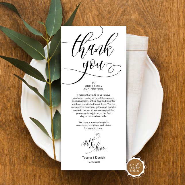 Configuração de Local jantado Obrigado, Cartão de  (Place Setting Thank You, Modern Script Card, Wedding Dinner, Brunch, Lunch Plate Decoration)