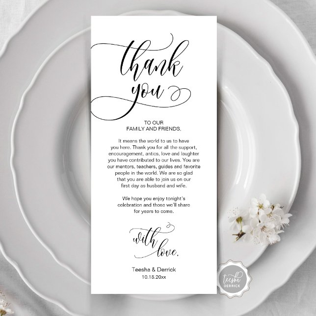 Configuração de Local jantado Obrigado, Cartão de  (Place Setting Thank You, Modern Script Card, Wedding Dinner, Brunch, Lunch Plate Decoration)