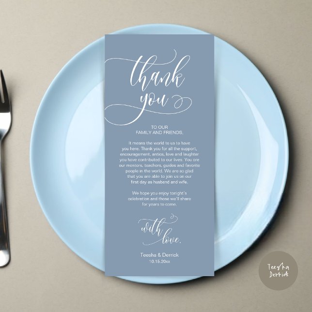 Configuração de Local jantado Obrigado, Cartão de  (Wedding Dinner Place Setting Thank You Card, Plate Decoration, Modern Script, in Dusty Blue)