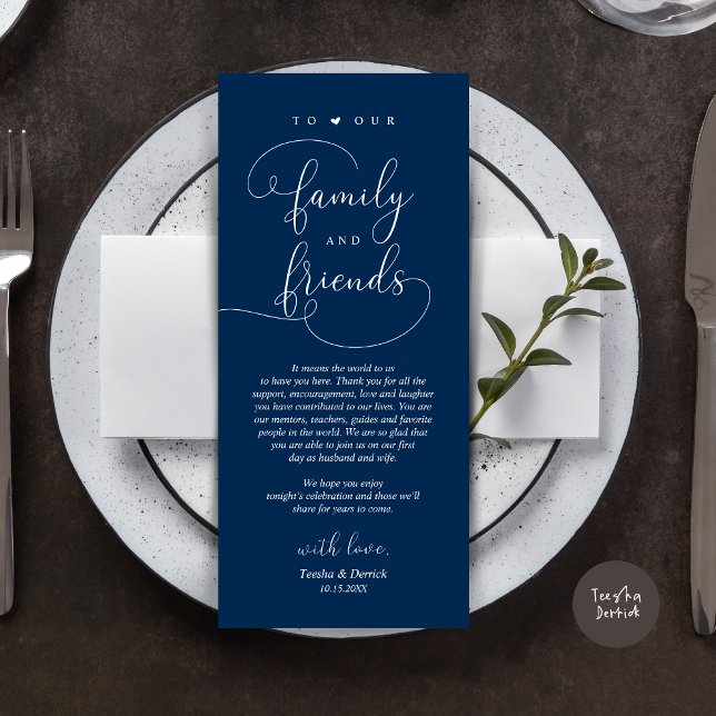 Configuração de Local jantado Obrigado Cartão Eleg (Modern Romantic Script, Wedding Dinner Place Setting Thank You Card, in Classy Navy Blue)
