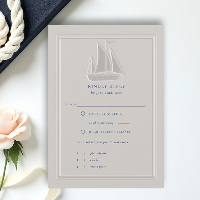 Confirmação de Presença de Casamento Formal de Bar (coastal wedding rsvp card formal traditional double frame modern classic ivory sailboat yacht)