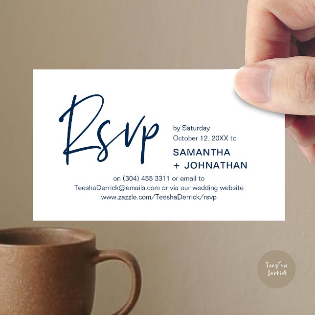 Confirmação de Presença no Casamento Convite de Ja (Kindly RSVP Modern Minimalist Wedding Dinner Invites Reminder Enclosed Card Phone Email Navy Blue)