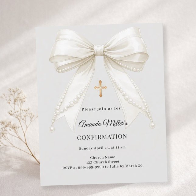 Confirmation bow ivory pearls girl gray invitation (Criador carregado)