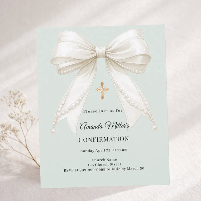 Confirmation bow ivory pearls sage invitation (Criador carregado)