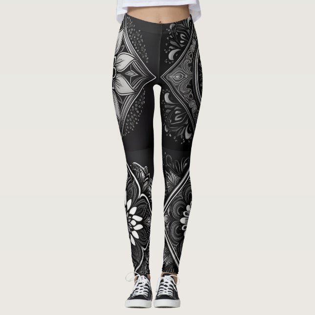Conforto Elegante: Leggings de Mandala Pretas e Br (Frente)