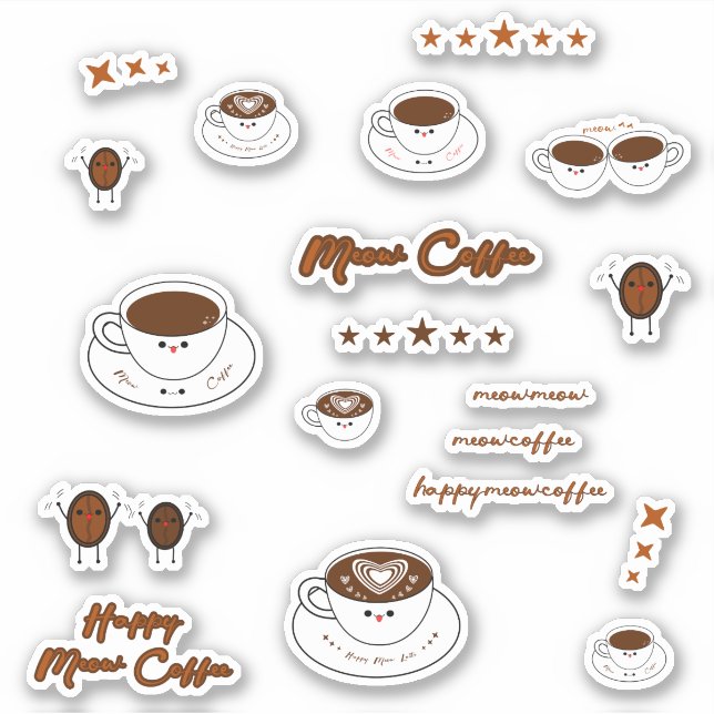 Conjunto de 19 adesivos de vinil de café Meow Kawa (Frente)