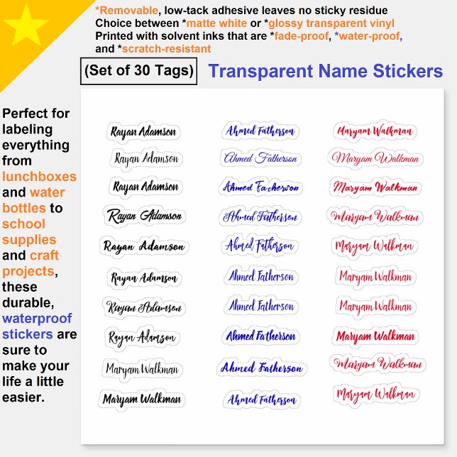 (Conjunto de 30 Etiquetas) Adesivos Transparentes  (Name Stickers
Transparent Stickers
Simple Stickers
Waterproof Stickers)