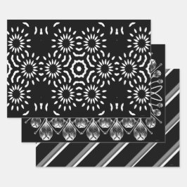 Conjunto de 3 Papéis de Presente Preto e Branco
