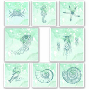 Conjunto de Adesivos Aquarela de Criaturas Marinha