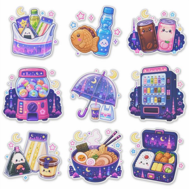 Conjunto de Adesivos de Vinil Kawaii de Lanches No (Frente)