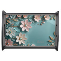 Conjunto de Bandeja de Madeira com Floral Elegante