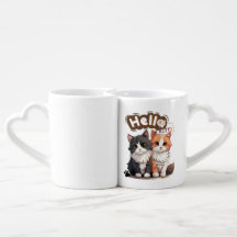 Casal De Gato Bonito "Olá Gatinho" Com Mug De Amor