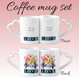 Conjunto De Caneca De Café Love birds custom text blue Valentine