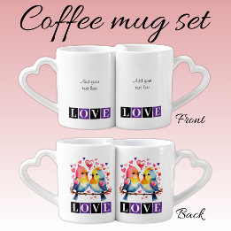 Conjunto De Caneca De Café Love birds custom text purple Valentine