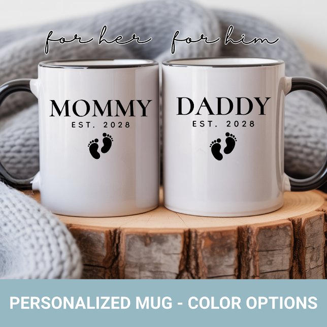 Conjunto de Canecas Personalizadas para Mamãe e Pa (Personalized modern script mommy & daddy set mug gift for new mom and new dad or mothers fathers day)