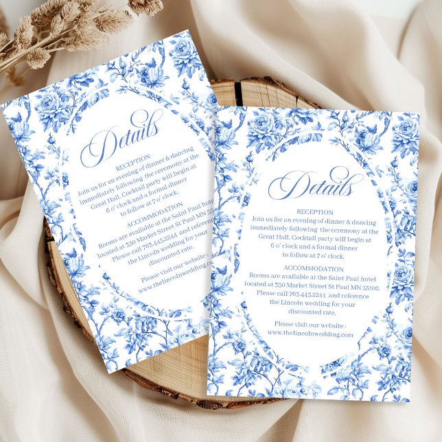 Conjunto de Cartões de Detalhes de Casamento com R (Navy Blue Roses Toile Wedding Details Card Set)