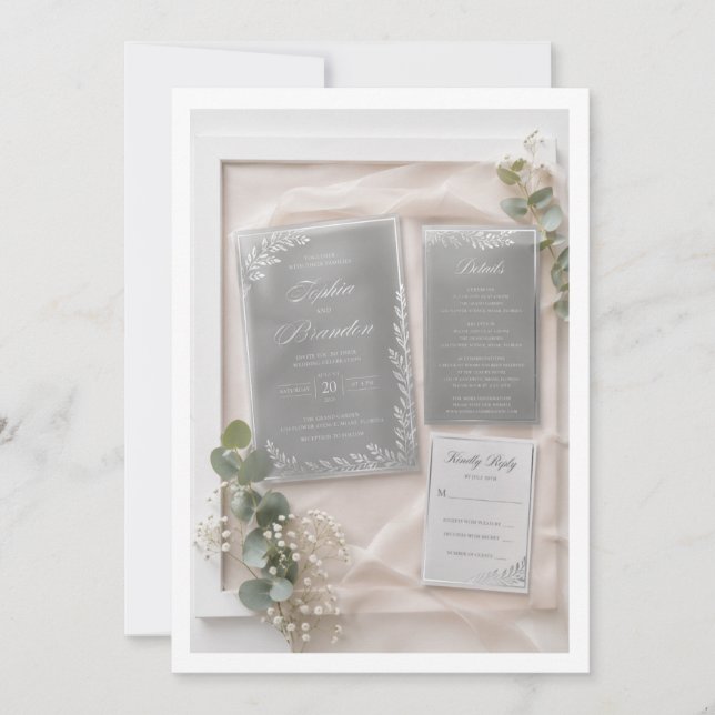 Conjunto de Convite de Casamento em Acrílico Prata (Frente)