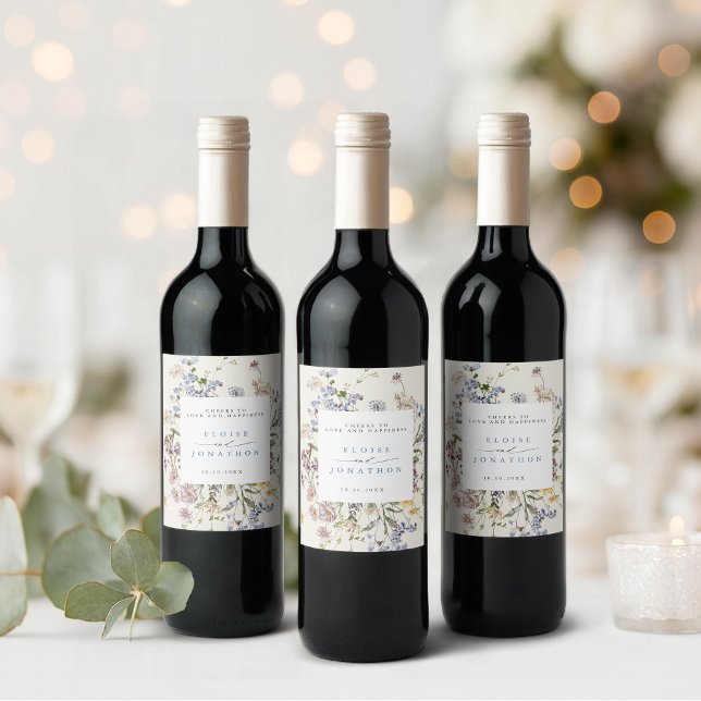 Conjunto de etiquetas de comida e bebidas (Colorful Spring Wildflower Meadow Garden Wedding Wine Label)