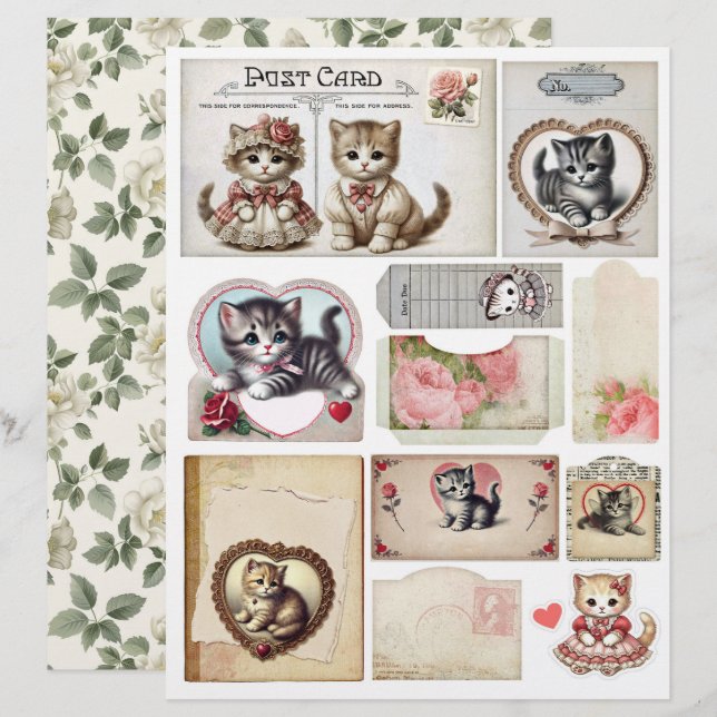 Conjunto de Gatinhos em Estilo Vintage e Ephemera (Frente/Verso)