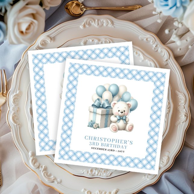Conjunto de Guardanapos de Aniversário Menino Fofo (Sweet Boy Birthday Napkins Teddy Bear Balloons Set)