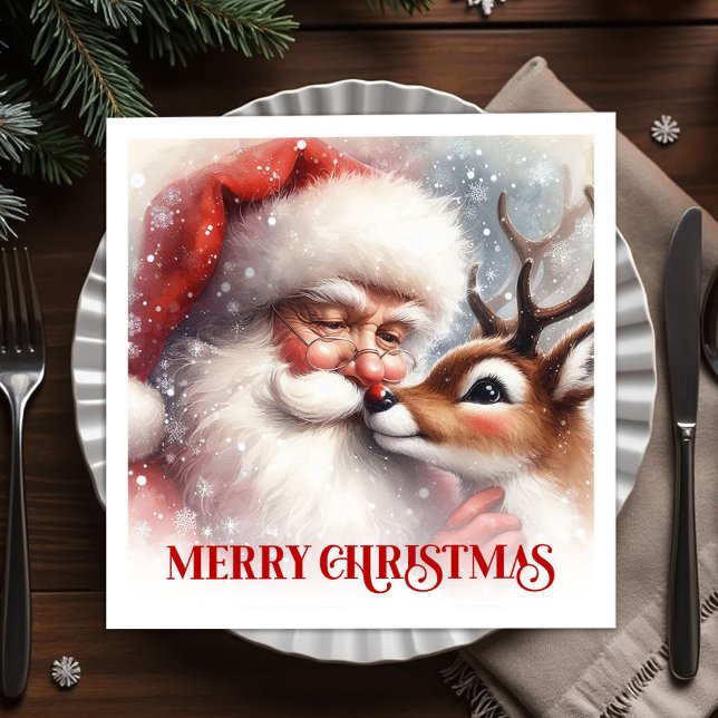 Conjunto de Guardanapos de Natal Festa do Papai No (Sweet Santa Rudolph Holiday Christmas Napkins Dinner Set)