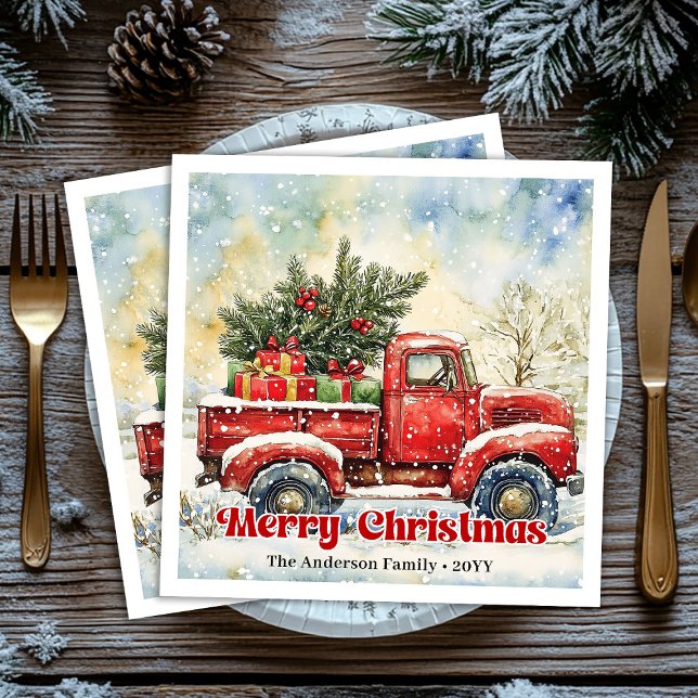 Conjunto de guardanapos natalinos com cena de cami (Chic red truck Christmas scene holiday napkins set)