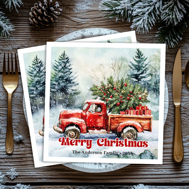Conjunto de guardanapos rústicos cena de inverno d (Stylish red truck winter scene rustic napkins set)
