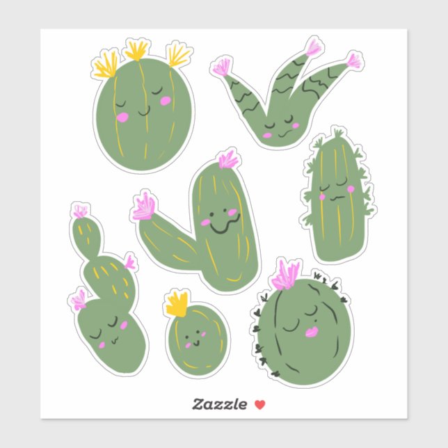 Conjunto de Ilustrações de Cactos Lindos Adesivo (Folha)