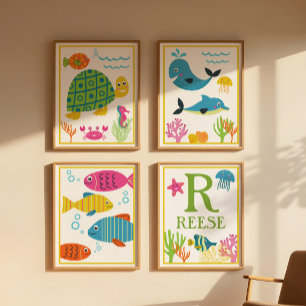 Conjunto de Impressões de Arte de Criaturas Marinh