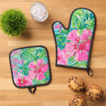 Conjunto de Luvas e Suportes para Panelas com Flor