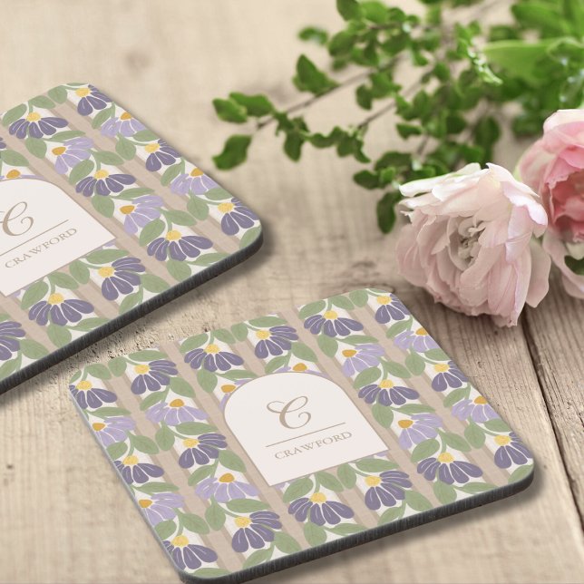 Conjunto de Porta-Copos Botânico Antigo com Monogr (Monogrammed Floral Coaster By Blissful Learning)