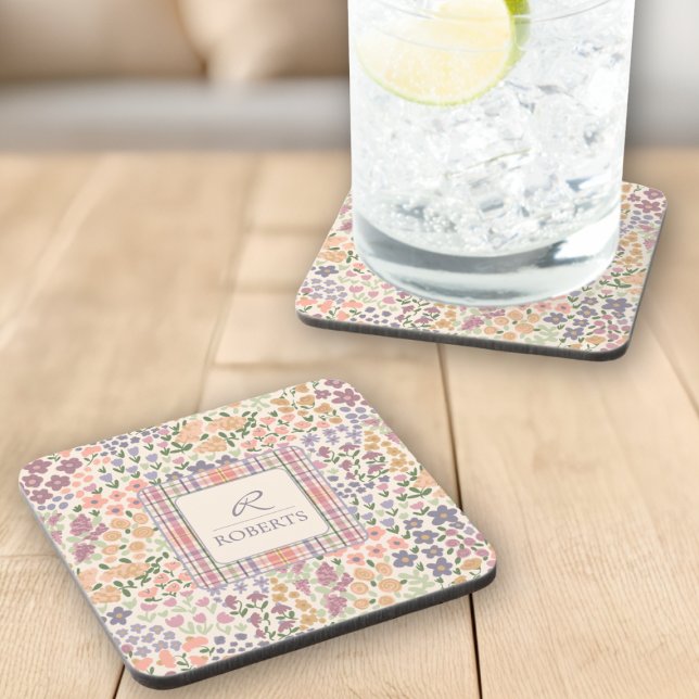 Conjunto de Porta-Copos Floral e Xadrez Personaliz (Personalized Floral & Plaid Coaster Set – Custom Name & Initial)
