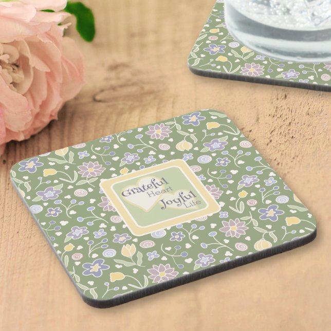 Conjunto de Porta-Copos Floral Vida Alegre Coração (Grateful Heart Joyful Life Floral Coaster Set – Cottagecore Green)