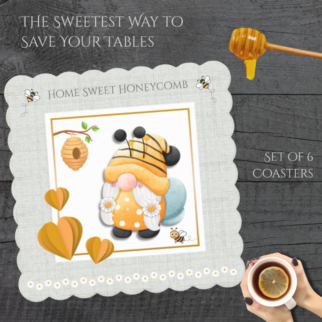 Conjunto de Porta-Copos Gnome Abelha Mel Colmeia C (Protect your furniture and bring a buzz of joy to your home with this adorable Bee Gnome Coaster)