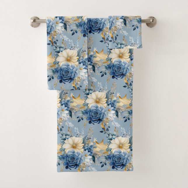Conjunto de Rosas Florais Douradas Elegante Azul (Insitu)