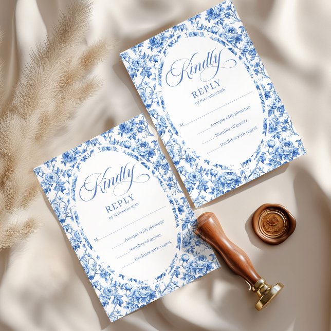 Conjunto de RSVP de casamento de rosas em toile az (Elegant Dusty Blue Toile Roses Wedding RSVP Set

)