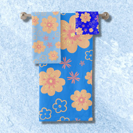 Conjunto De Toalhas 3 Torneiras De Banho De Padrão Floral Laranja Azul