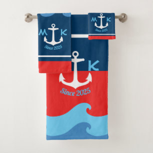 Conjunto De Toalhas A âncora do monograma acena náutico azul branco