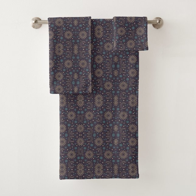 Conjunto De Toalhas A set of navy blue towels with intricate celestia (Criador carregado)