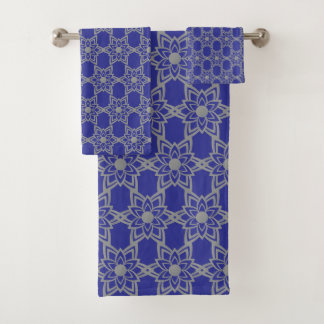 Conjunto De Toalhas Abstract Gray Flower Mandala Pattern on Deep Blue