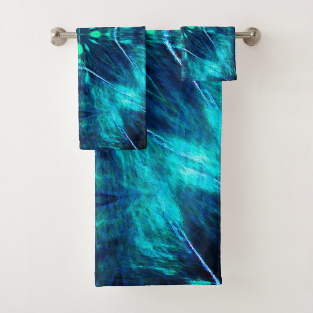 Conjunto De Toalhas Abstrato Bloom Aqua e Blue Fractal Design (Insitu)