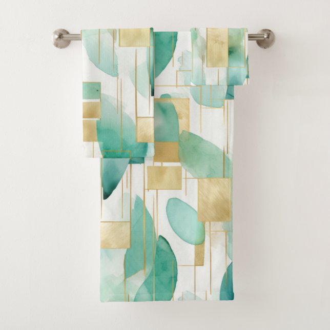 Conjunto De Toalhas Abstrato branco Dourado verde (Insitu)