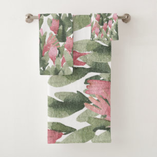 Conjunto De Toalhas abstrato cactus floral verde-rosa-aquarela