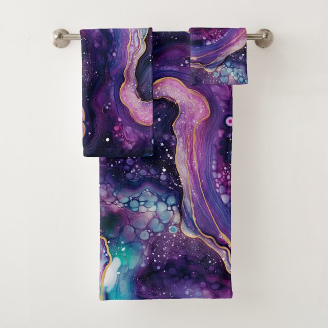 Conjunto De Toalhas Abstrato Cósmico Rosa Roxo com Celestial Dourado (Insitu)