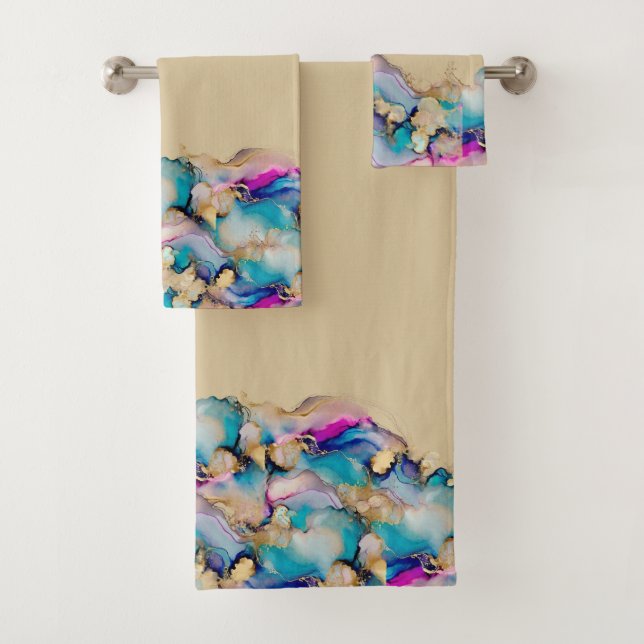Conjunto De Toalhas Abstrato de Aquarela Dourada Azul Roxo (Insitu)